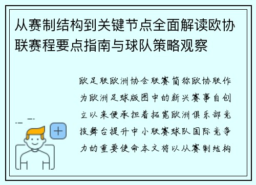 从赛制结构到关键节点全面解读欧协联赛程要点指南与球队策略观察